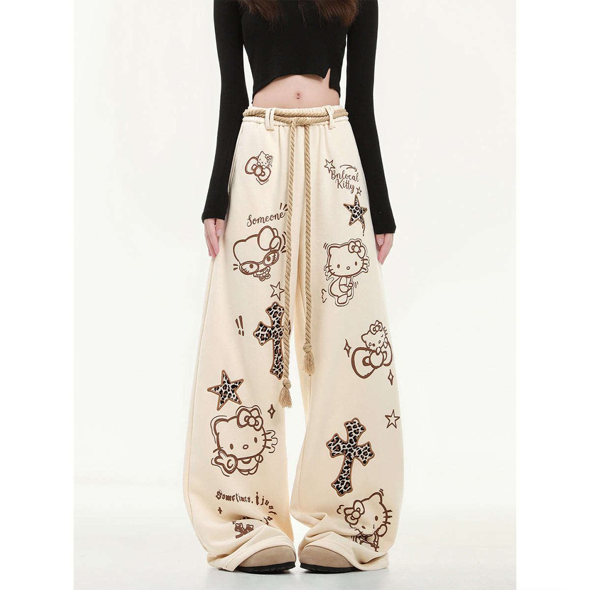 HK Wide Leg Sweatpants for Women – KT Print Loose Fit Casual Pants, Autumn Straight Leg Trousers
