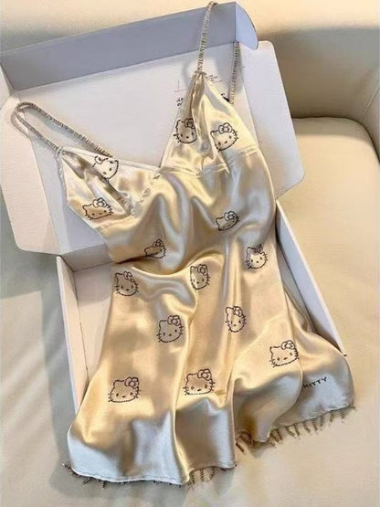Hellokitty Champagne Satin Pajama Set for Women 2 Piece Silky Lingerie Sleepwear Camisole Pj Shorts Set Soft Nightwear