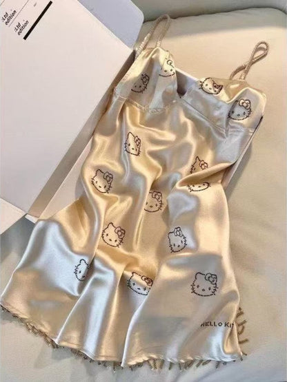 Hellokitty Champagne Satin Pajama Set for Women 2 Piece Silky Lingerie Sleepwear Camisole Pj Shorts Set Soft Nightwear