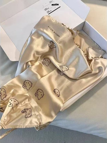 Hellokitty Champagne Satin Pajama Set for Women 2 Piece Silky Lingerie Sleepwear Camisole Pj Shorts Set Soft Nightwear