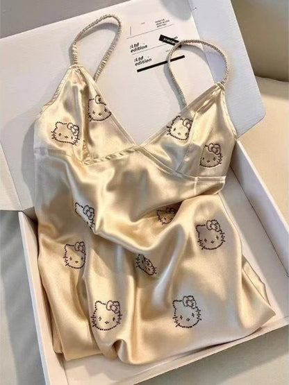 Hellokitty Champagne Satin Pajama Set for Women 2 Piece Silky Lingerie Sleepwear Camisole Pj Shorts Set Soft Nightwear