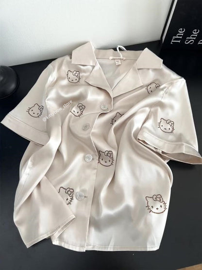 Champagne Satin Hello Kitty Rhinestone Pajama Set, Short Sleeve Loungewear for Women