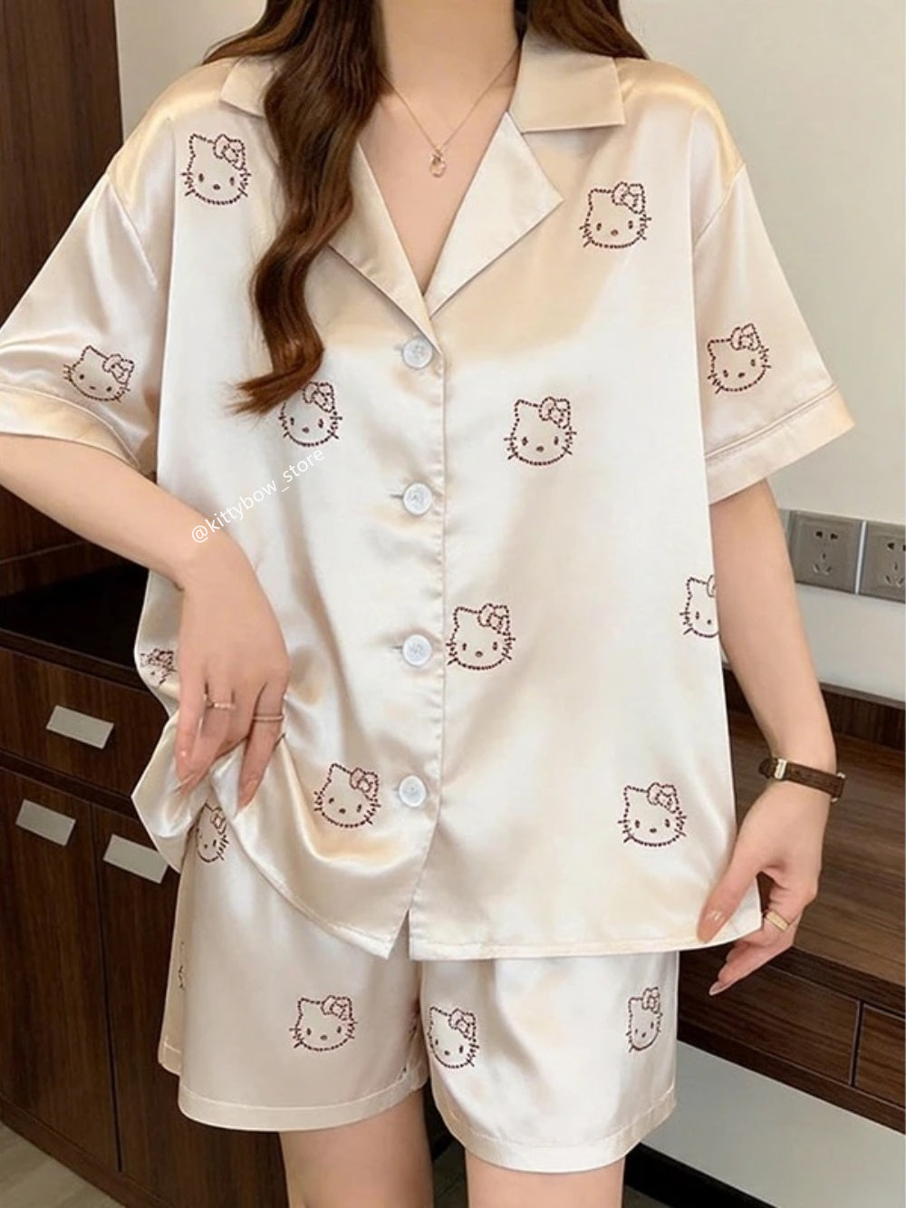Champagne Satin Hello Kitty Rhinestone Pajama Set, Short Sleeve Loungewear for Women