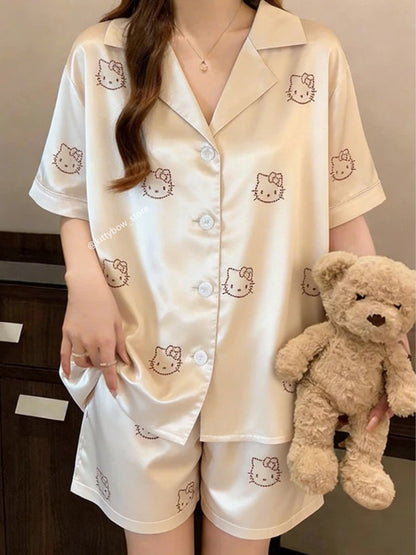 Champagne Satin Hello Kitty Rhinestone Pajama Set, Short Sleeve Loungewear for Women