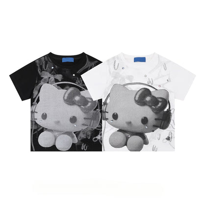 HK Y2K Black Vintage Tee - Oversized Retro Graphic T-Shirt for Women