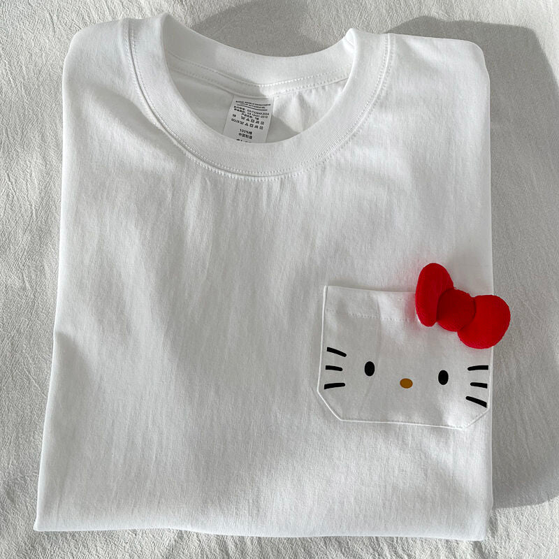 Hello Kitty Print Cute Pocket Round Neck Short-Sleeved T-Shirt
