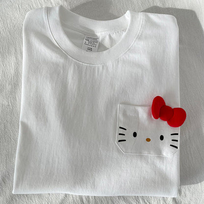Hello Kitty Print Cute Pocket Round Neck Short-Sleeved T-Shirt