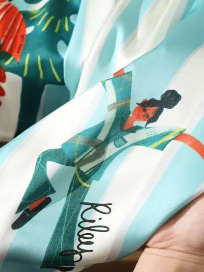Mint green stripe satin Cartoon Print Pajama Set