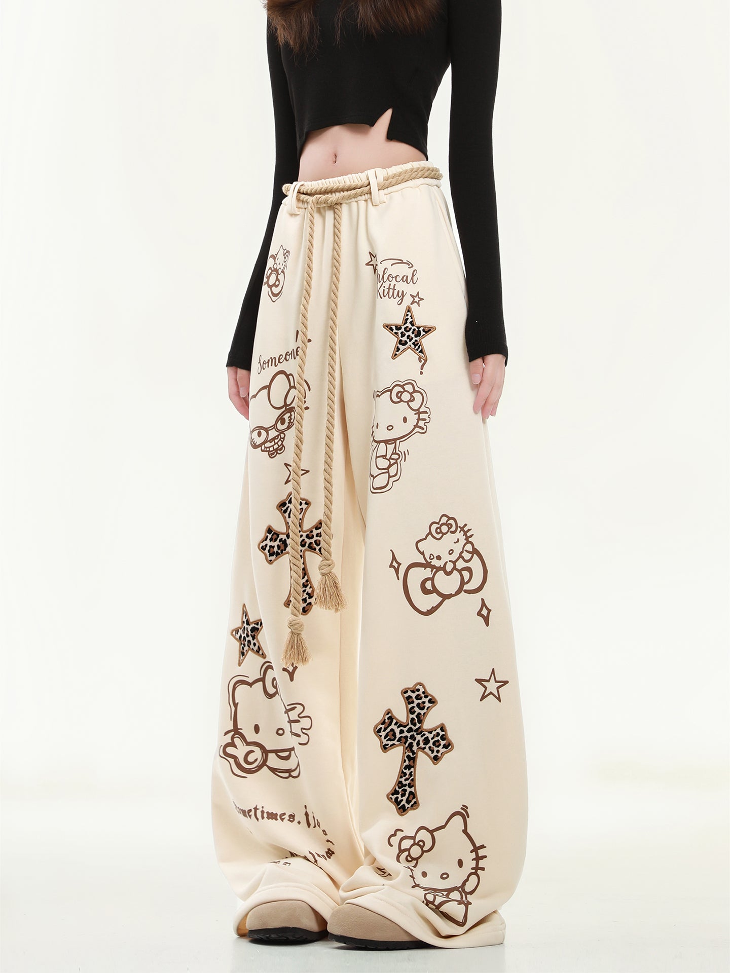 HK Wide Leg Sweatpants for Women – KT Print Loose Fit Casual Pants, Autumn Straight Leg Trousers