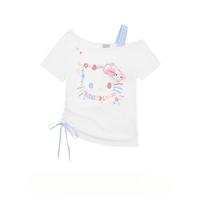 HK Retro Off-Shoulder Tee - Oversized Drawstring Top for Women