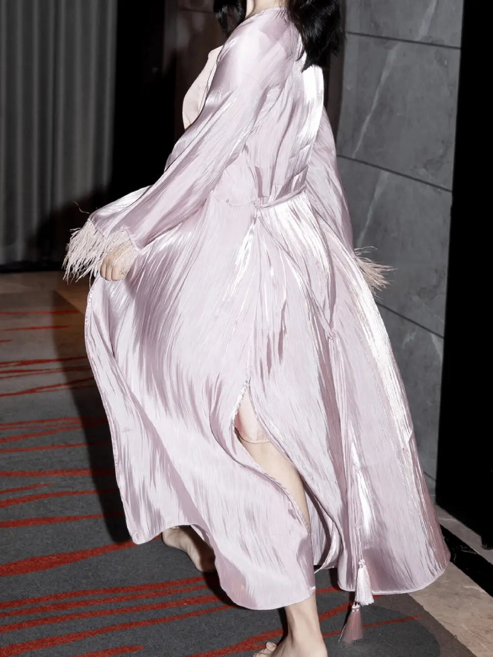 "Blush Feather" Satin Robe & Slip Dress Two-Piece Set