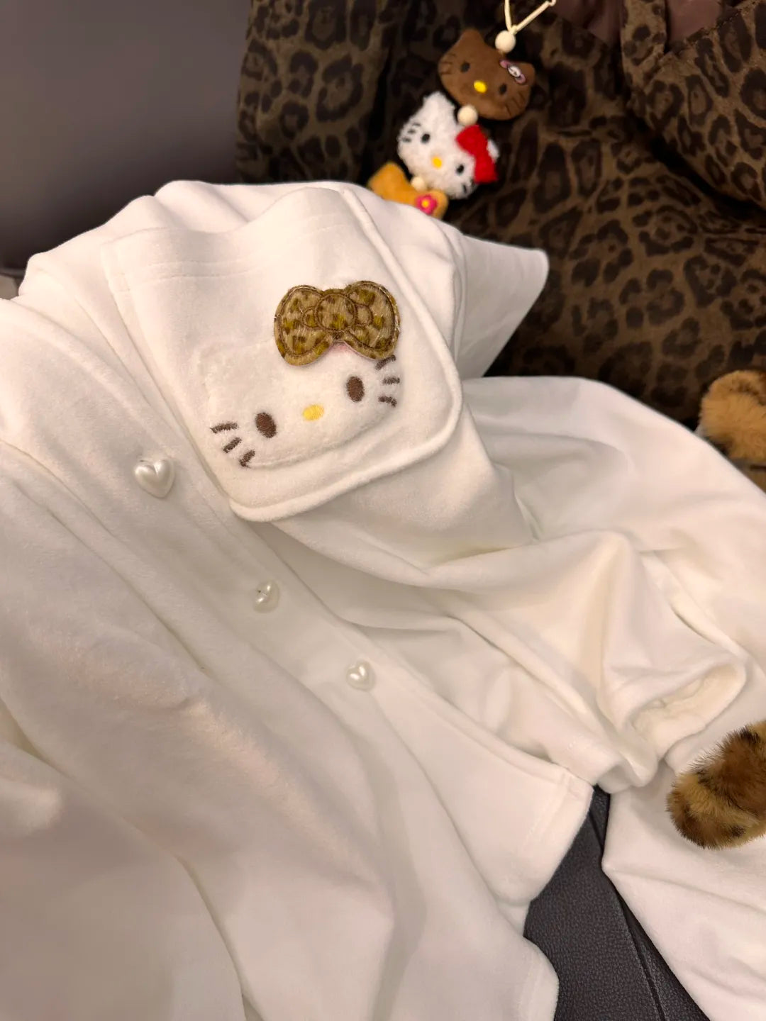 Hello Kitty Ivory Pajama Set with Leopard Trim