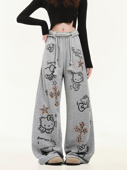 HK Wide Leg Sweatpants for Women – KT Print Loose Fit Casual Pants, Autumn Straight Leg Trousers