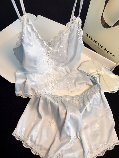 Satin Lace Pajama Set for Women 2 Piece Silky Lingerie Sleepwear Camisole Pj Shorts Set Soft Nightwear
