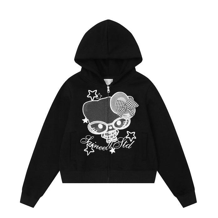 HK Cartoon Bow Hoodie Jacket for Women – Cute Kitty Print Zip Up Sweatshirt, Casual Y2K Short Coat