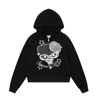 HK Cartoon Bow Hoodie Jacket for Women – Cute Kitty Print Zip Up Sweatshirt, Casual Y2K Short Coat