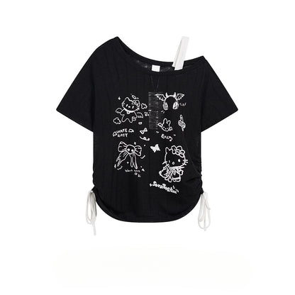 HK Off-Shoulder Crop Top - Drawstring Waist Summer Tee for Women