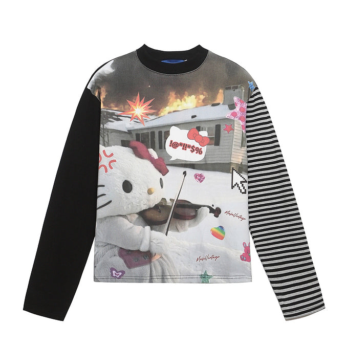 HK Striped Long Sleeve T-Shirt for Women – Cute Kitty Print Cropped Top, Casual Loose Fit Autumn Tee