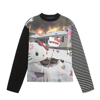 HK Striped Long Sleeve T-Shirt for Women – Cute Kitty Print Cropped Top, Casual Loose Fit Autumn Tee