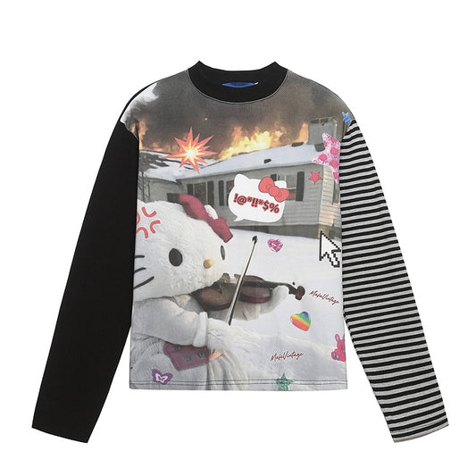 HK Striped Long Sleeve T-Shirt for Women – Cute Kitty Print Cropped Top, Casual Loose Fit Autumn Tee