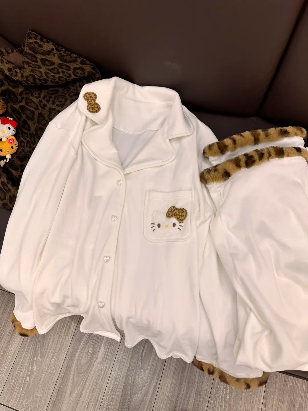 Hello Kitty Ivory Pajama Set with Leopard Trim