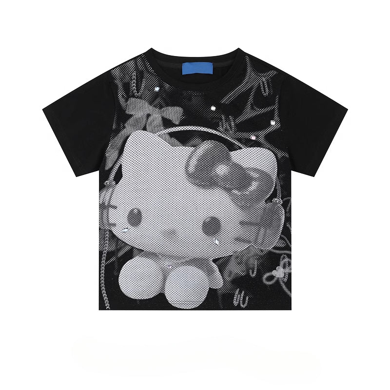 HK Y2K Black Vintage Tee - Oversized Retro Graphic T-Shirt for Women