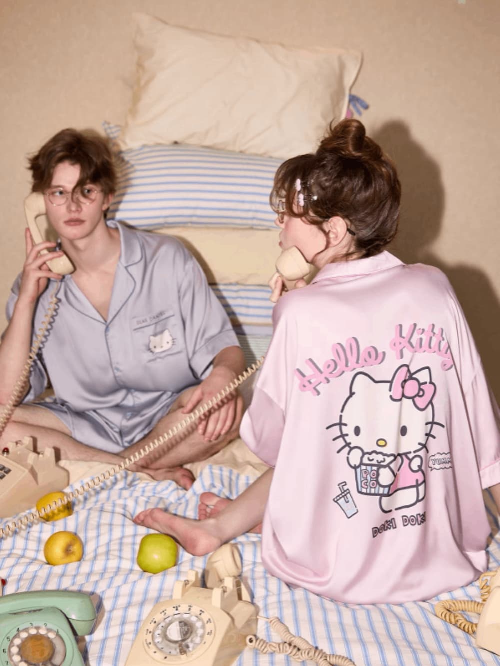 Hello Kitty & Dear Daniel Matching Satin Couple Pajama Set, Short Sleeve Sleepwear
