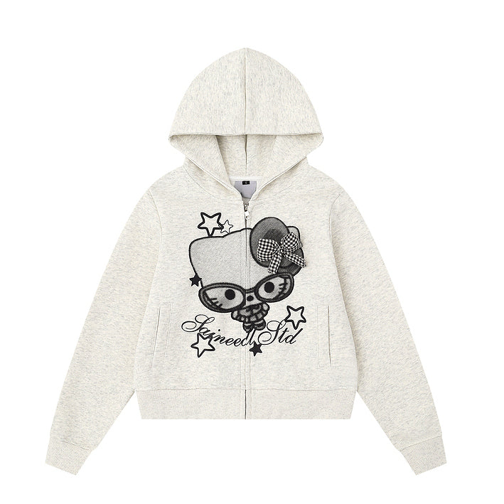 HK Cartoon Bow Hoodie Jacket for Women – Cute Kitty Print Zip Up Sweatshirt, Casual Y2K Short Coat
