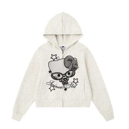 HK Cartoon Bow Hoodie Jacket for Women – Cute Kitty Print Zip Up Sweatshirt, Casual Y2K Short Coat