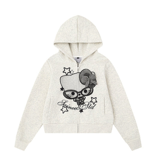HK Cartoon Bow Hoodie Jacket for Women – Cute Kitty Print Zip Up Sweatshirt, Casual Y2K Short Coat