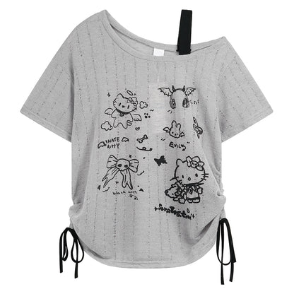 HK Off-Shoulder Crop Top - Drawstring Waist Summer Tee for Women