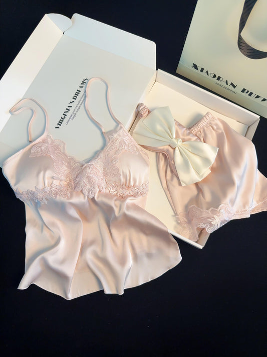 Pink Lace Satin Pajama Set for Women 2 Piece Silky Lingerie Sleepwear Camisole Pj Shorts Set Soft Nightwear