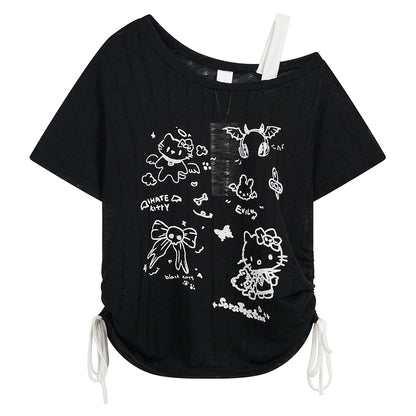 HK Off-Shoulder Crop Top - Drawstring Waist Summer Tee for Women