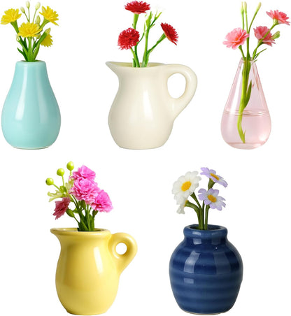 Mini Ceramic Vase Magnets for Fridge, Cute Tiny Plant Vase Fridge Magnets for Kitchen Refrigerator Office Locker Decoration with Flowers (8 Pack)