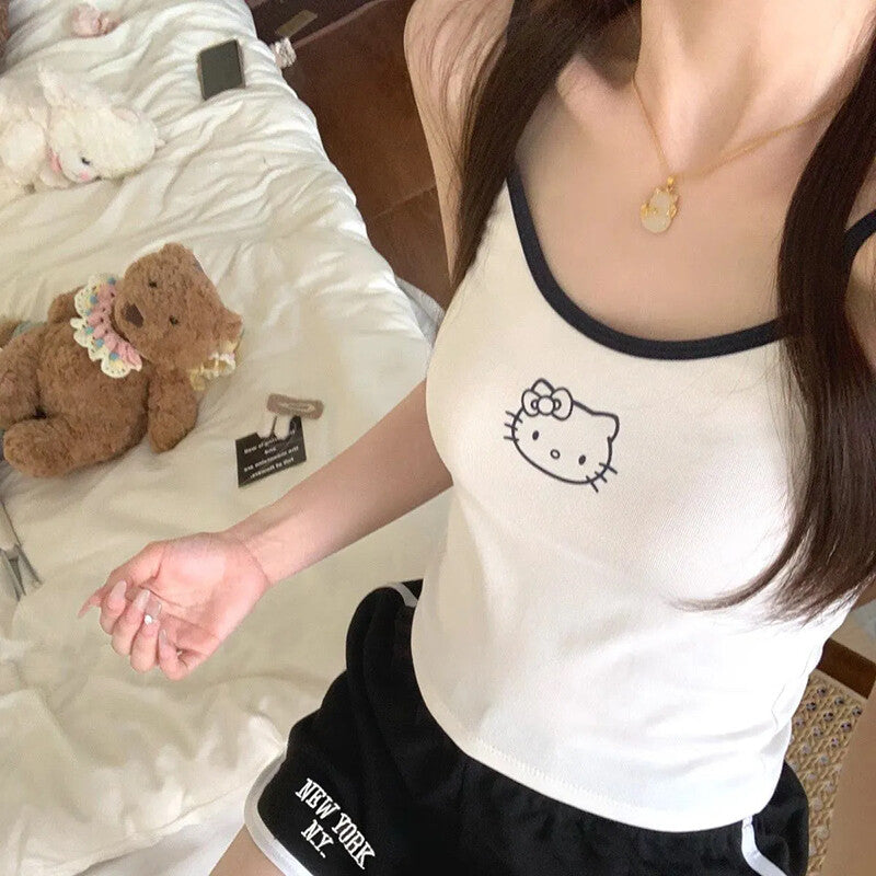 HK Built-in Bra Tank & Shorts Set - Pure Cotton Sleepwear for Girls