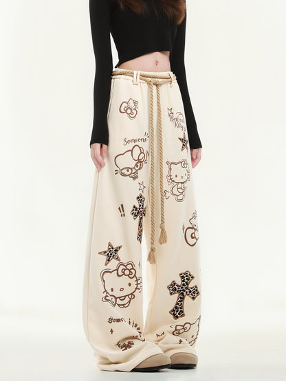 HK Wide Leg Sweatpants for Women – KT Print Loose Fit Casual Pants, Autumn Straight Leg Trousers