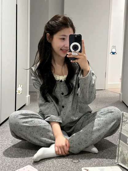 "Miffy Bunny" 7-Piece Grey Cotton Rich Pajama Set with Lace Trim