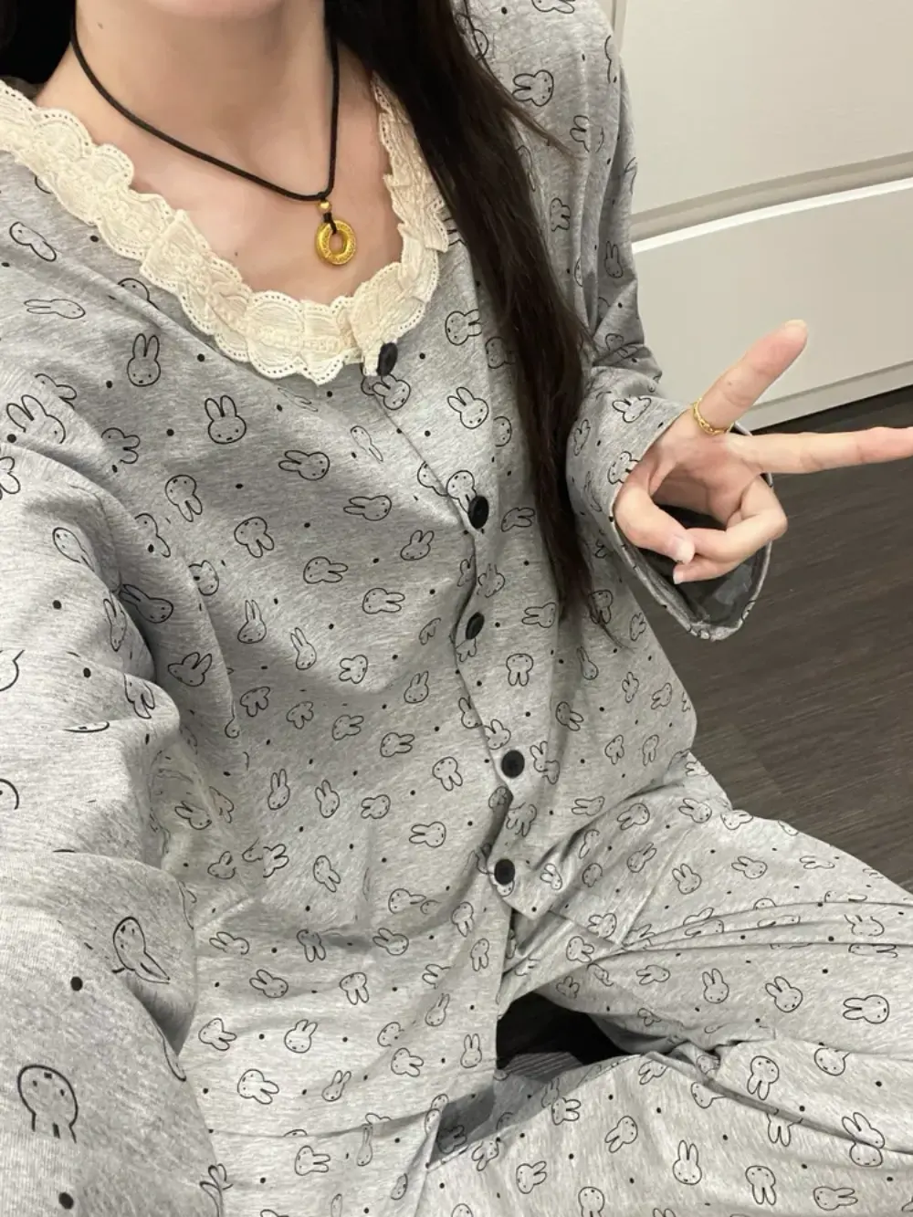"Miffy Bunny" 7-Piece Grey Cotton Rich Pajama Set with Lace Trim