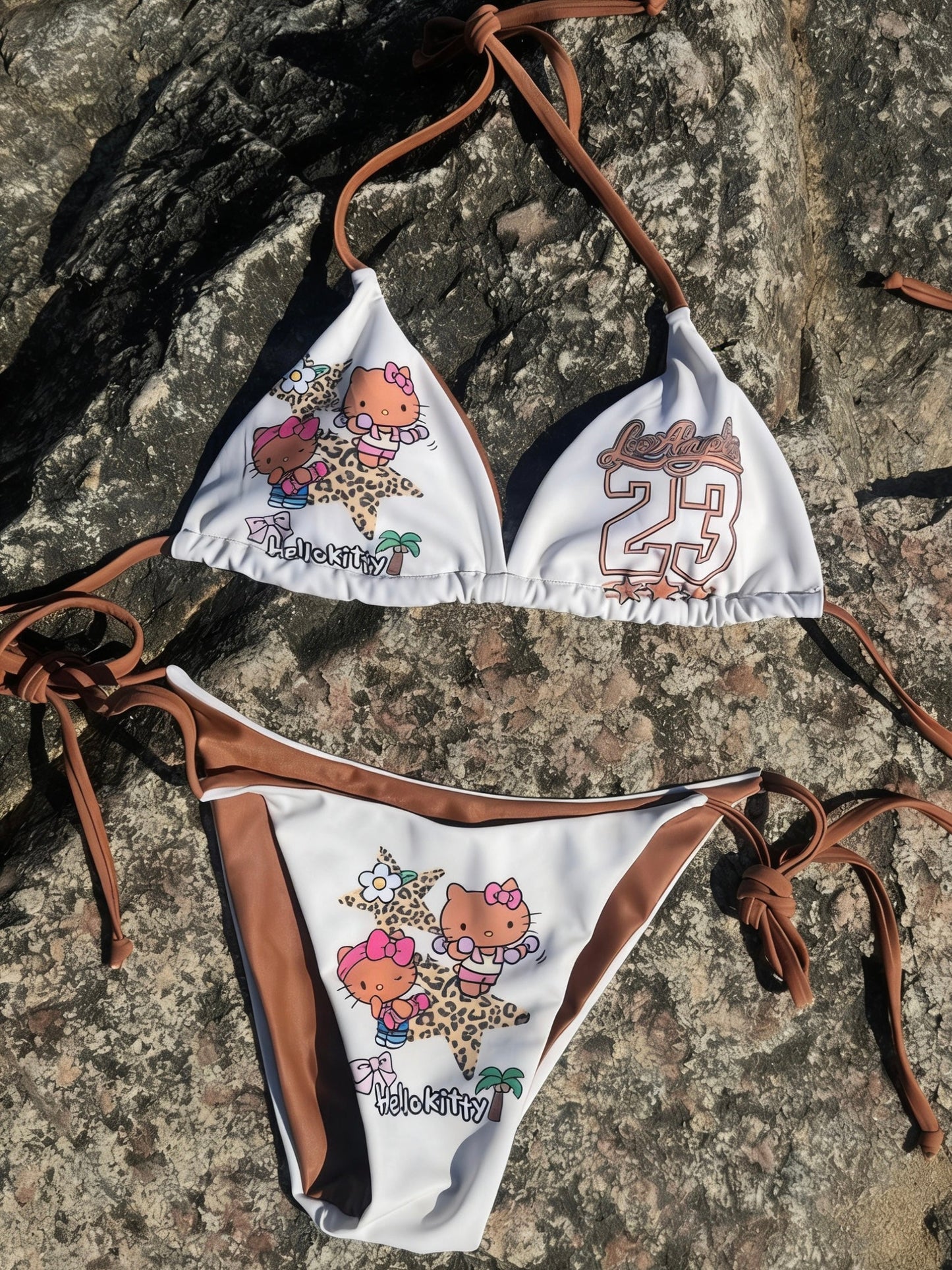 Hellokitty White Leopard Print Halter Tie Side Triangle Bikini Set