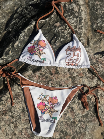 Hellokitty White Leopard Print Halter Tie Side Triangle Bikini Set