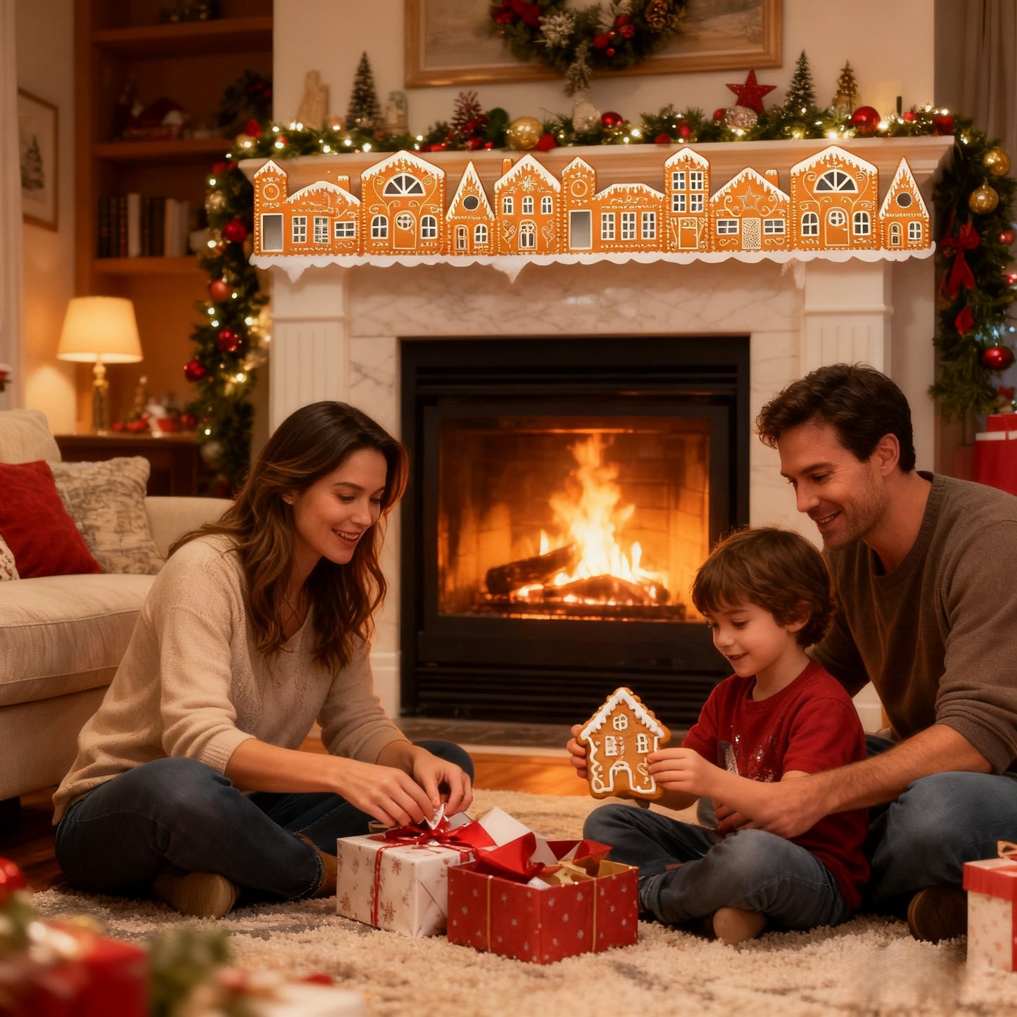 Christmas Gingerbread House Cardboard Kit with LED Lights – Create a Festive Village for Home, Kitchen Cabinets & Holiday Parties