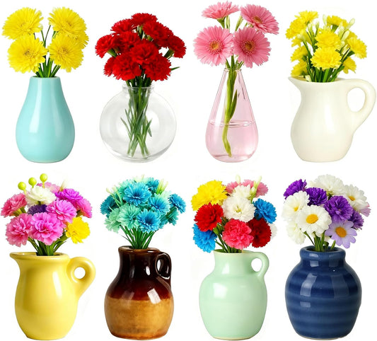 Mini Ceramic Vase Magnets for Fridge, Cute Tiny Plant Vase Fridge Magnets for Kitchen Refrigerator Office Locker Decoration with Flowers (8 Pack)