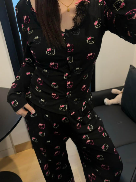 HK Black Pajama Sets Long Sleeve Button Down Sleepwear Nightwear Soft Modal  Pjs Lounge Sets