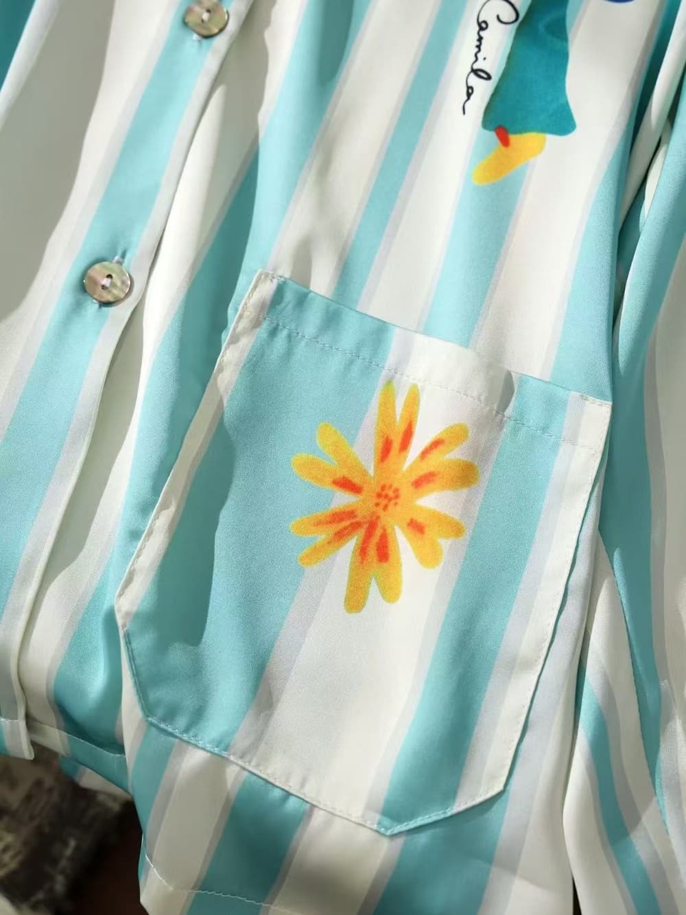 Mint green stripe satin Cartoon Print Pajama Set