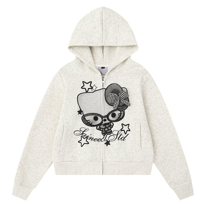 HK Cartoon Bow Hoodie Jacket for Women – Cute Kitty Print Zip Up Sweatshirt, Casual Y2K Short Coat