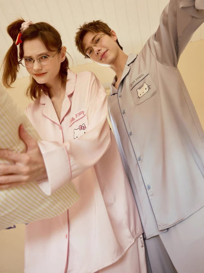 Hello Kitty & Dear Daniel Matching Satin Long-Sleeve Couple Pajama Set, Long-Length Sleepwear