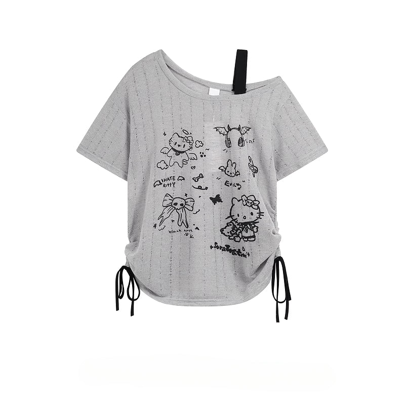 HK Off-Shoulder Crop Top - Drawstring Waist Summer Tee for Women