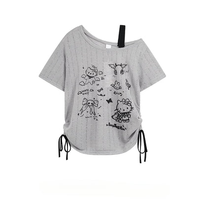 HK Off-Shoulder Crop Top - Drawstring Waist Summer Tee for Women