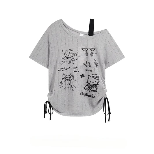HK Off-Shoulder Crop Top - Drawstring Waist Summer Tee for Women