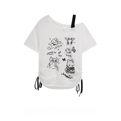 HK Off-Shoulder Crop Top - Drawstring Waist Summer Tee for Women